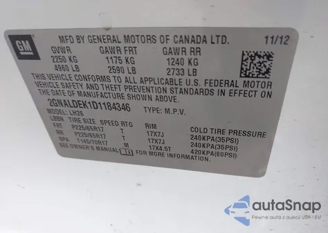 2013 Chevrolet Equinox 1Lt from USA, damaged, VIN 2GNALDEK1D1184346